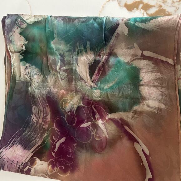 Abstract Watercolor Silk Scarf Vintage Sheer Jewel Tone Painterly Classic Artsy - Picture 7 of 8